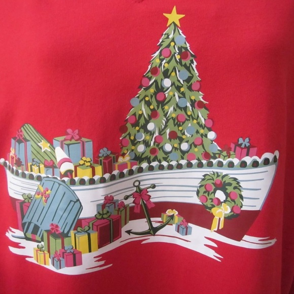 NWT HERITAGE CHARMS Red CHRISTMAS Tree Boat Print Long Sleeve Collared Shirt PS - Picture 2 of 8